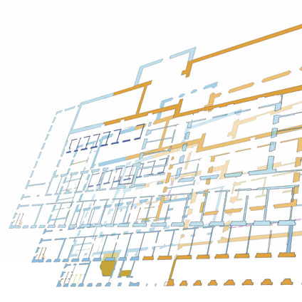 Übereinandergelegte Baualterspläne einer ganzen Klosteranlage.