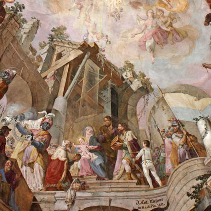 Freigelegte und restaurierte Weihnachtsszene, Fresko aus dem frühen 19. Jahrhundert.